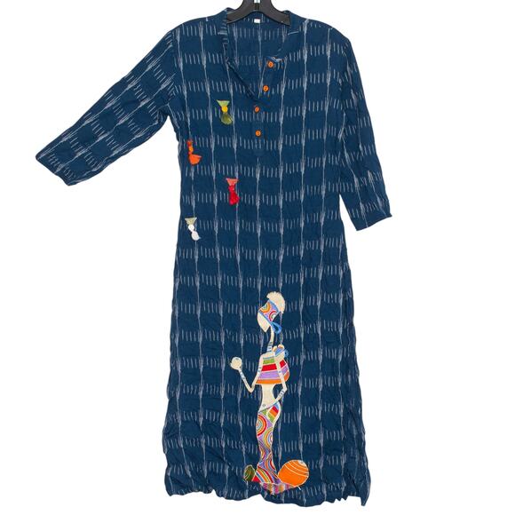 Dress Embroidered Boho Artsy Folk Whimsical Cottage Ethnic Slits Blue Large 40 - Picture 5 of 5